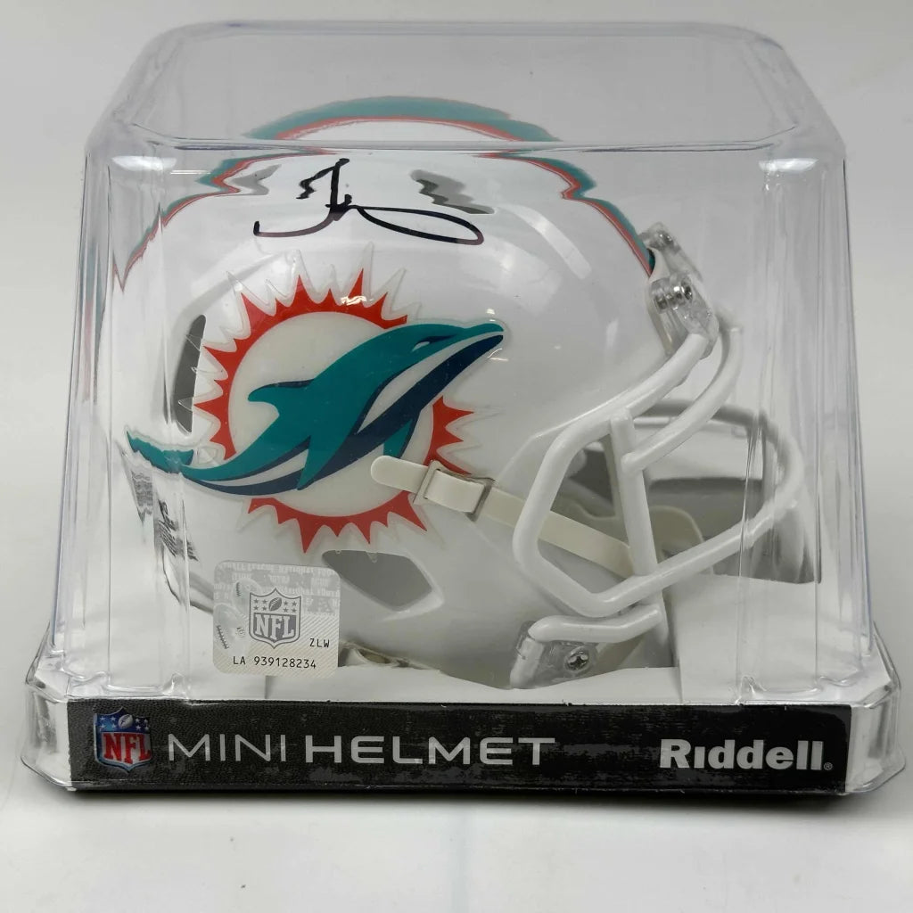 Autographed Miami Dolphins mini helmet in display case for the Authenticated Miami Dolphins Mini Helmet with Player Autograph product