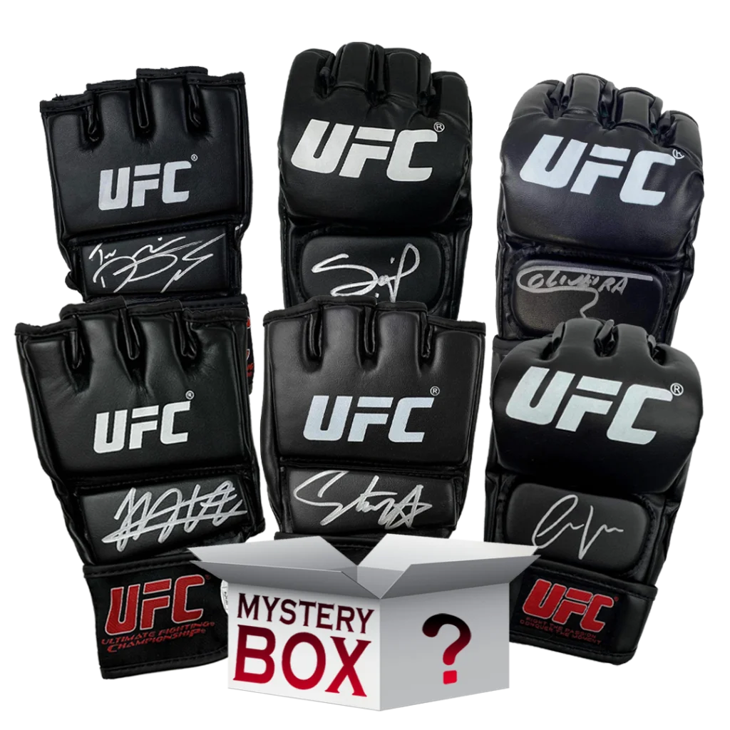 Autographed black UFC MMA gloves with white logos and PSA COA