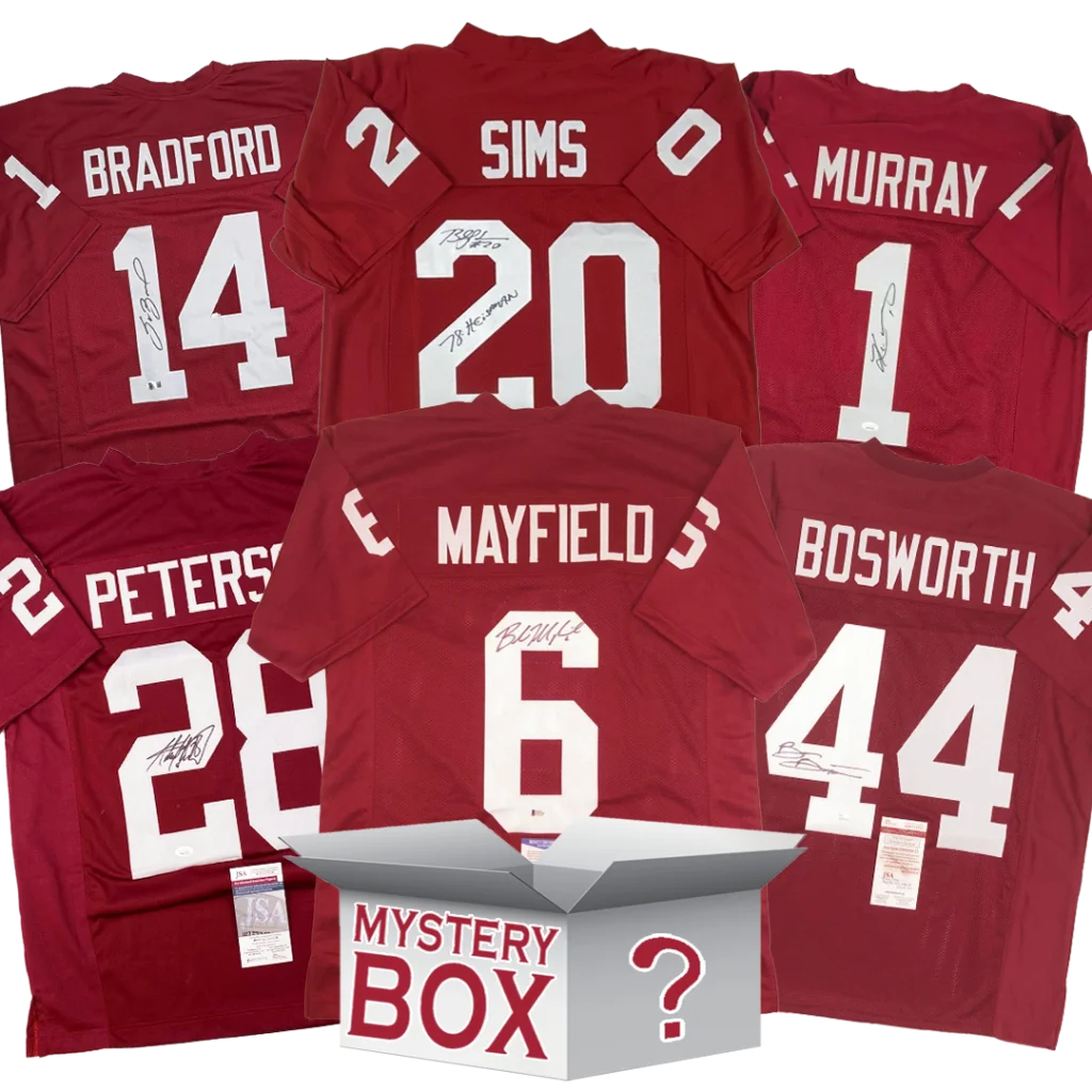 Autographed University of Oklahoma College Football Jersey Mystery Box with PSA JSA or Beckett COA | Hall of Fame Sports Memorabilia | vintageantiquesgifts.com