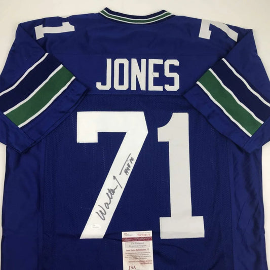 Walter Jones HOF custom jersey, blue-green striped with number 71 signed