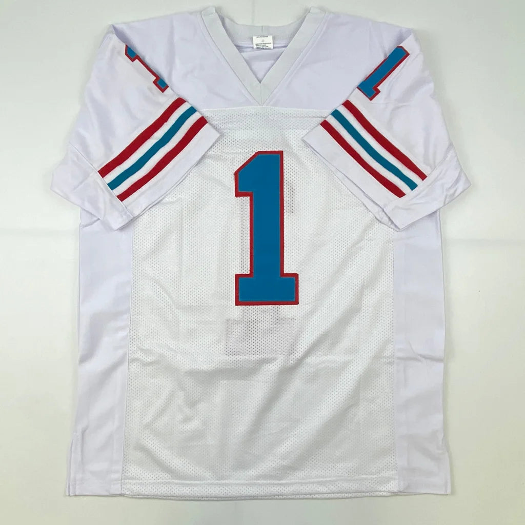 Autographed Warren Moon HOF custom Houston white football jersey with number 1