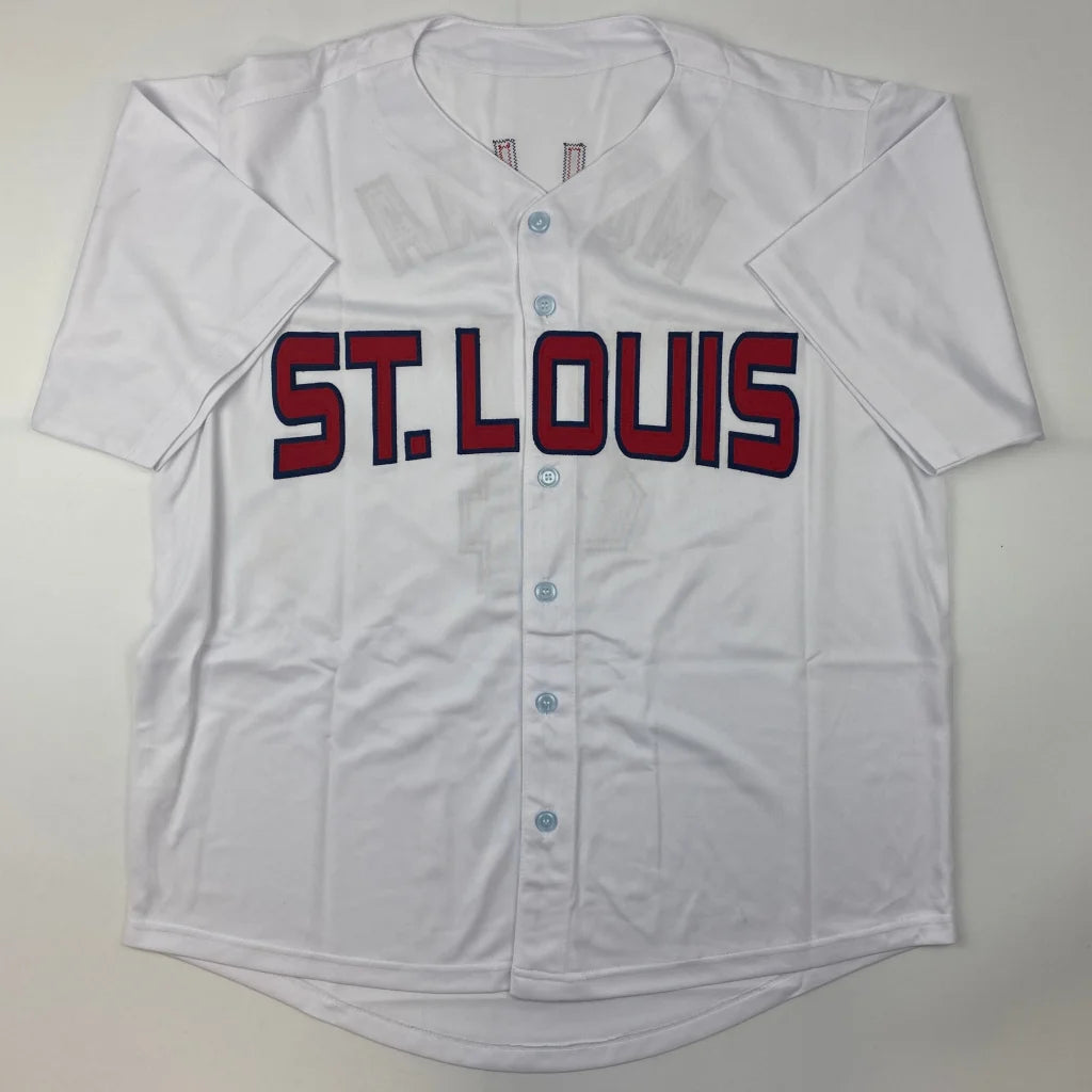 White short-sleeved baseball jersey with red ST. LOUIS lettering from professional sports league