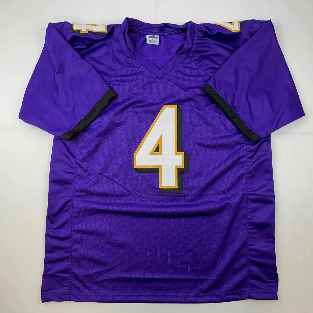 Purple mesh custom jersey from Professional Sports League Player with white gold number 4