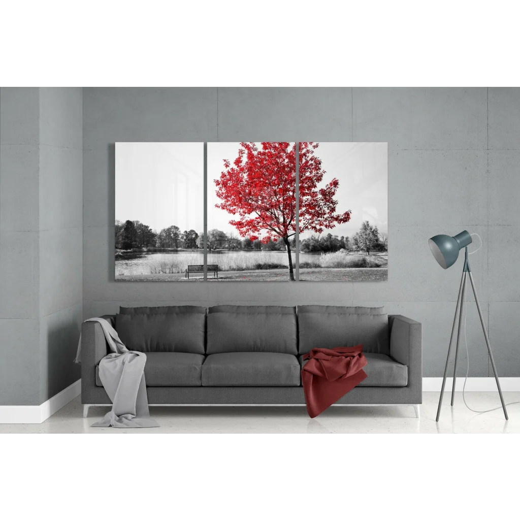 Vibrant red tree triptych canvas wall art on monochrome lakeside scene