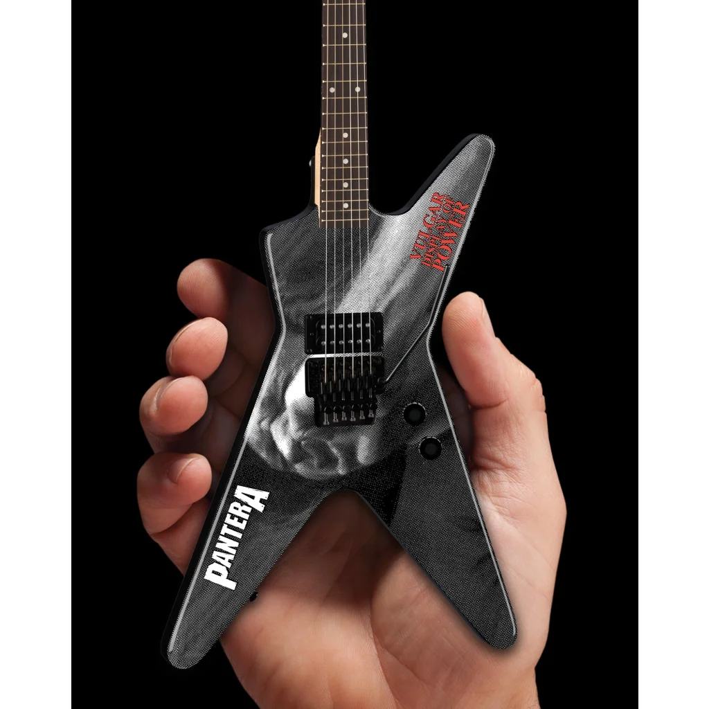 Black and white Pantera mini guitar with skull design on Axe Heaven stand