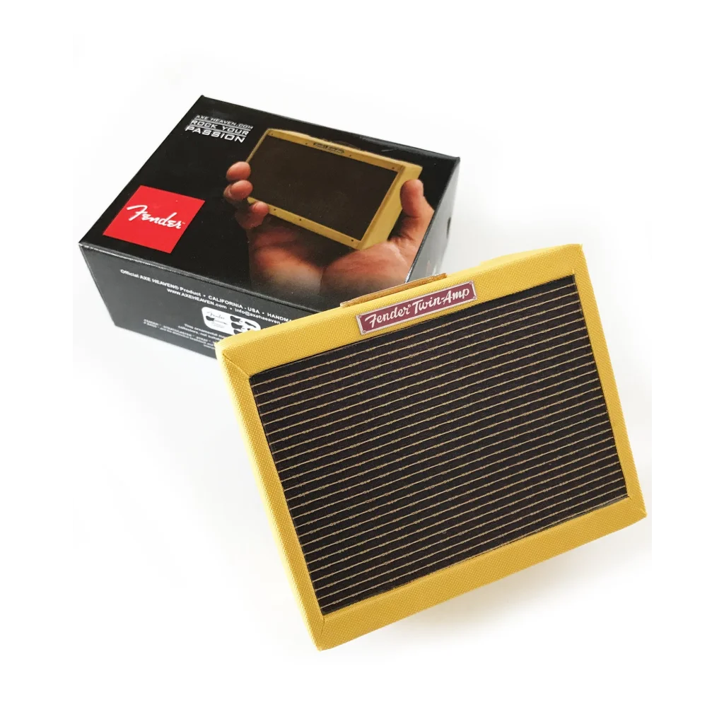 Axe Heaven Miniature yellow black Fender pedal on adjustable A-Frame stand