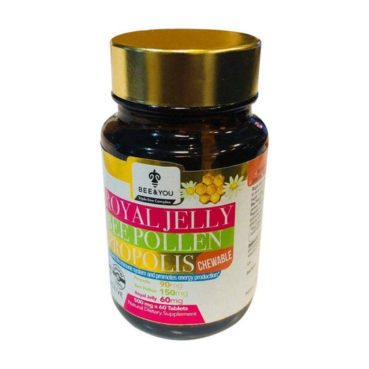 Dark amber glass bottle with gold cap displaying Bee & You Royal Jelly Bee Pollen Propolis label, front-facing product shot on white background.