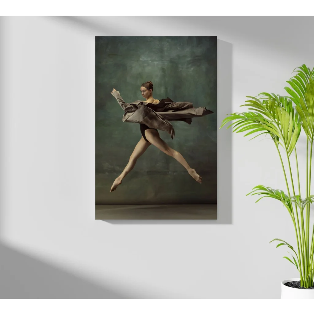 Insigne aluminum prints of leaping ballerina in gray costume on green backdrop