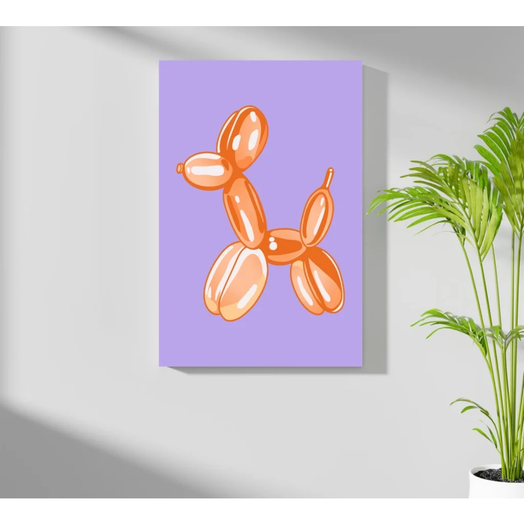 Vibrant orange balloon dog insigne aluminum print on lavender canvas