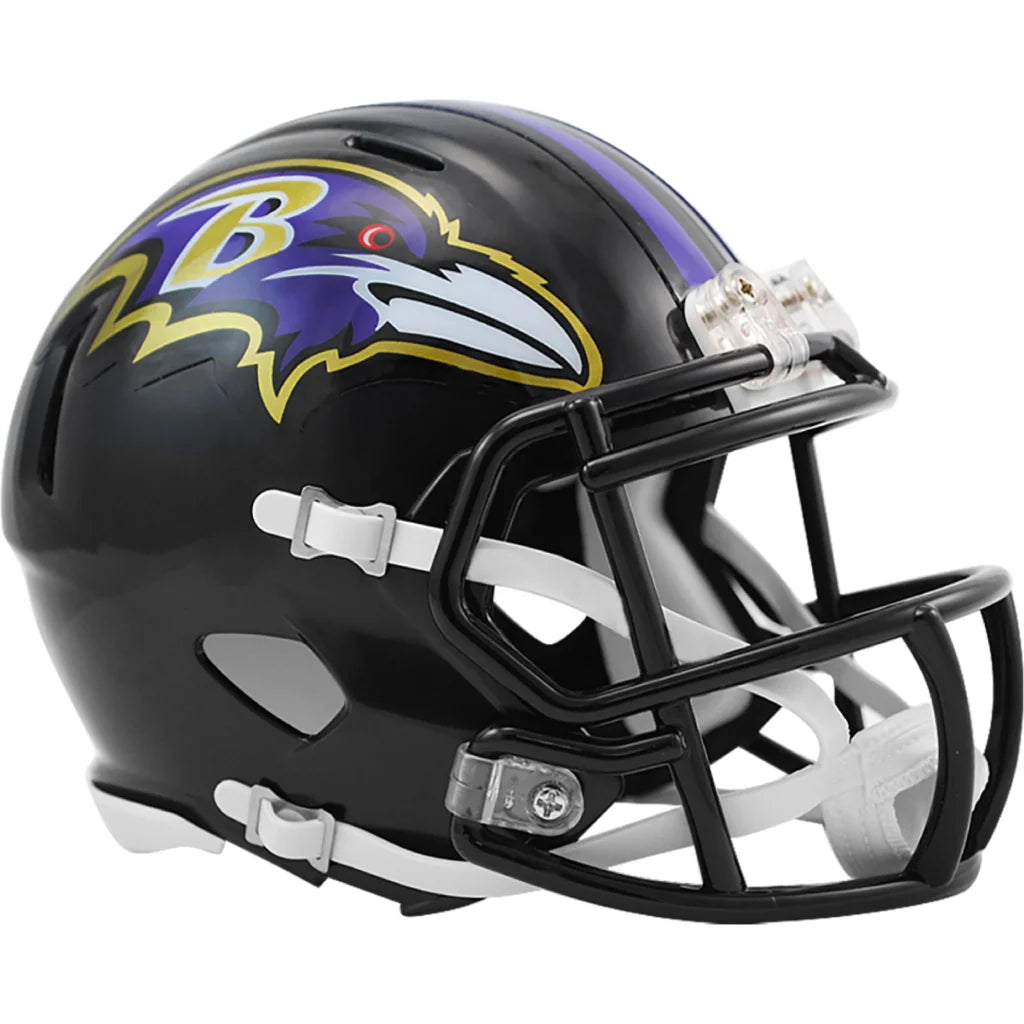 Black and purple Ravens Riddell Speed mini helmet with gold accents