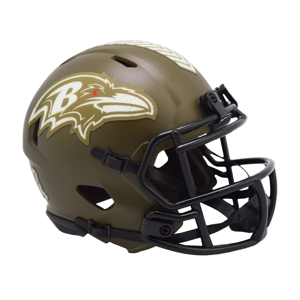 Olive green Baltimore Ravens Salute to Service helmet with black face mask and logo
