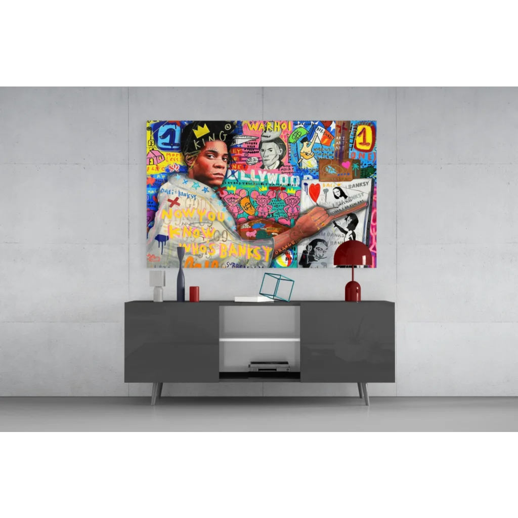Vibrant graffiti glass wall art portrait of crowned man with pop culture motifs