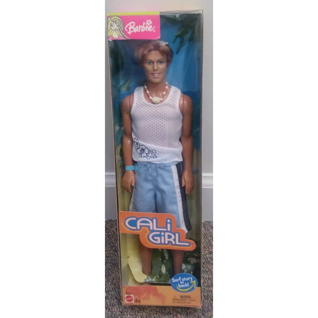 Vintage Cali Girl Ken Barbie doll in white tank top, blue floral shorts, pearl necklace