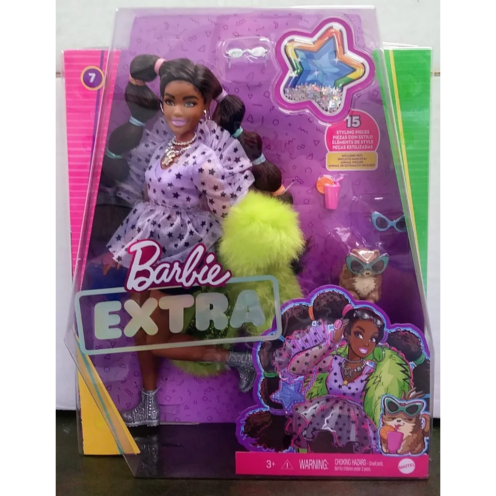 Barbie Extra Doll in purple polka-dot dress and green fur accessory