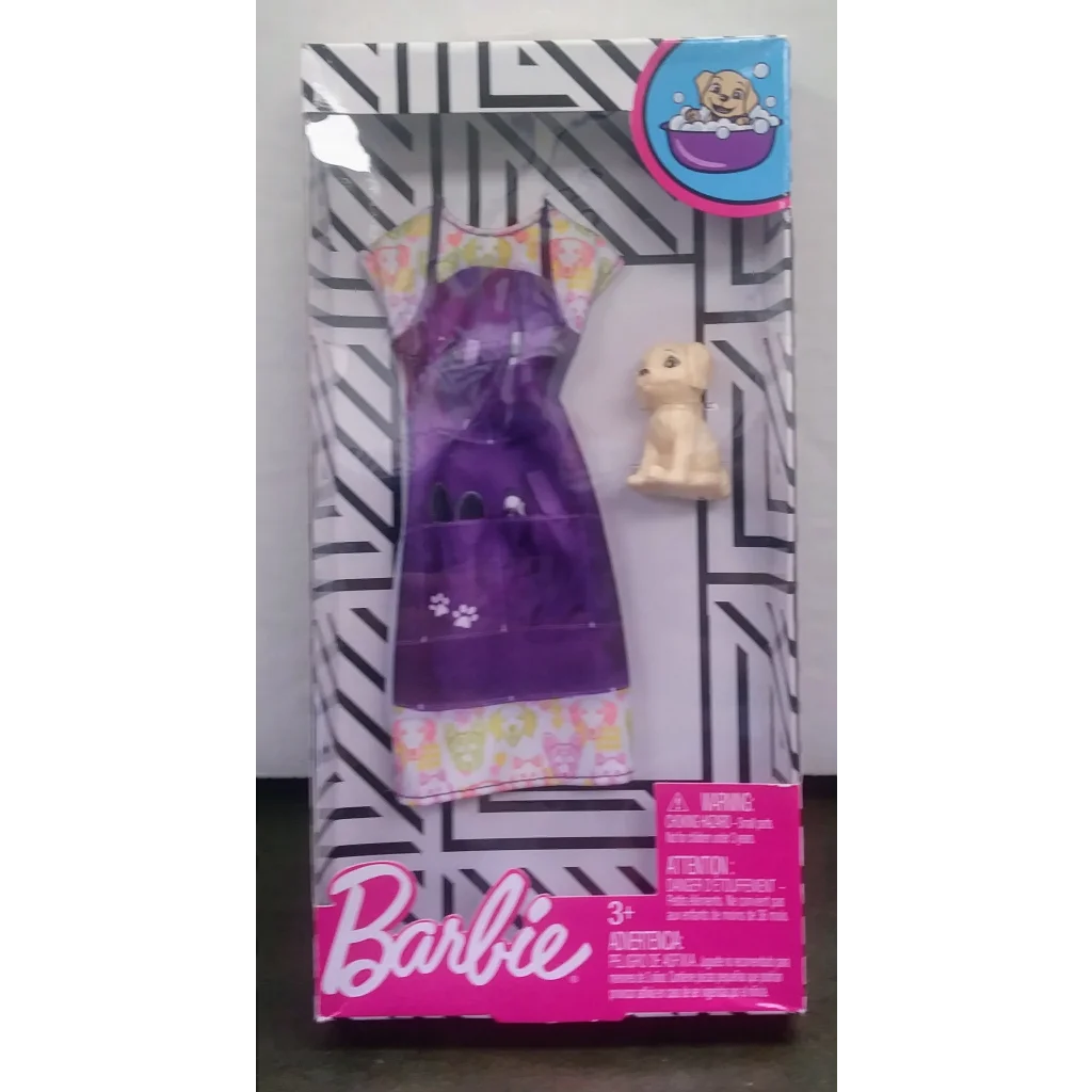 Barbie fashion set with purple and yellow dress and puppy pal toy