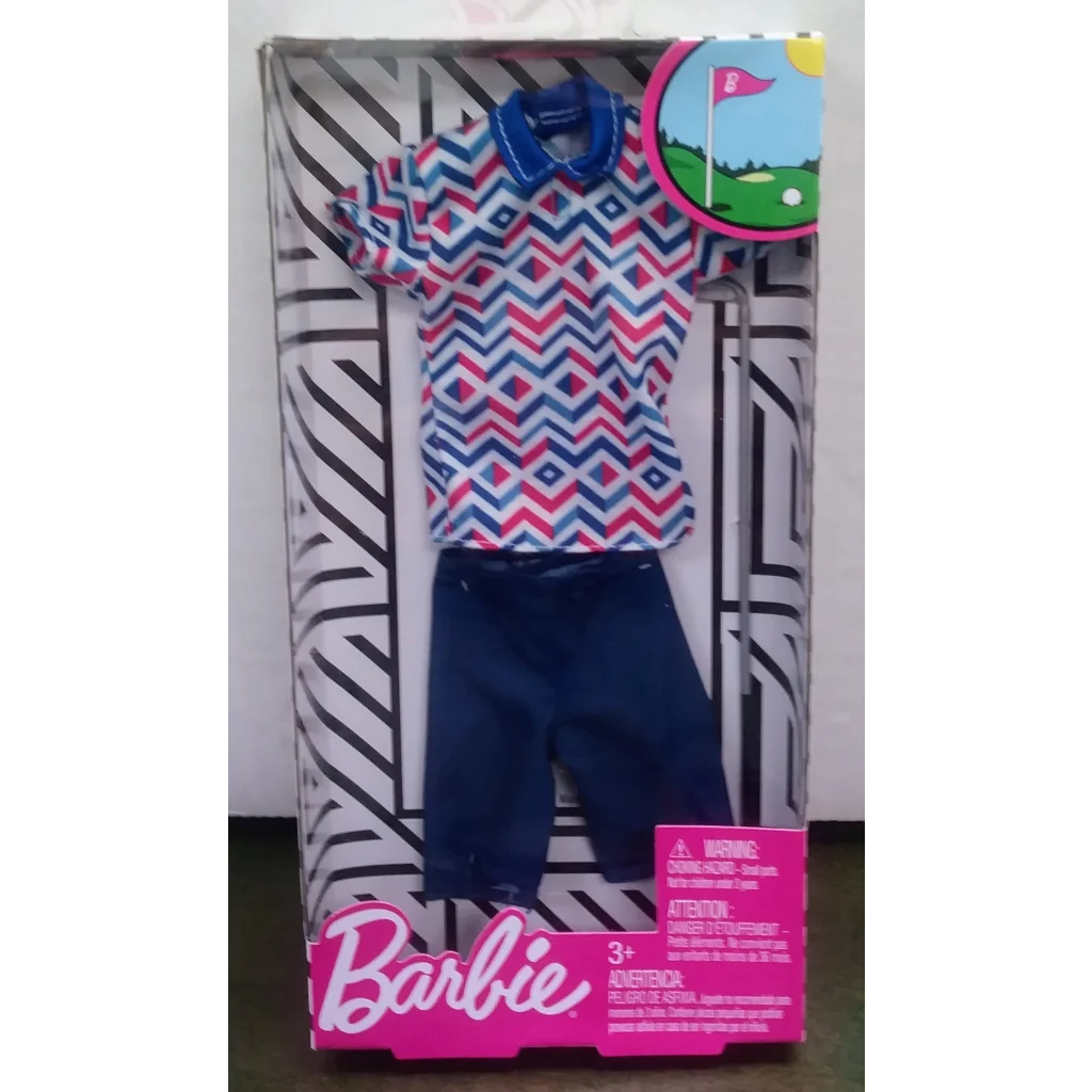 Barbie fashion set golf outfit in pink white navy geometric pattern