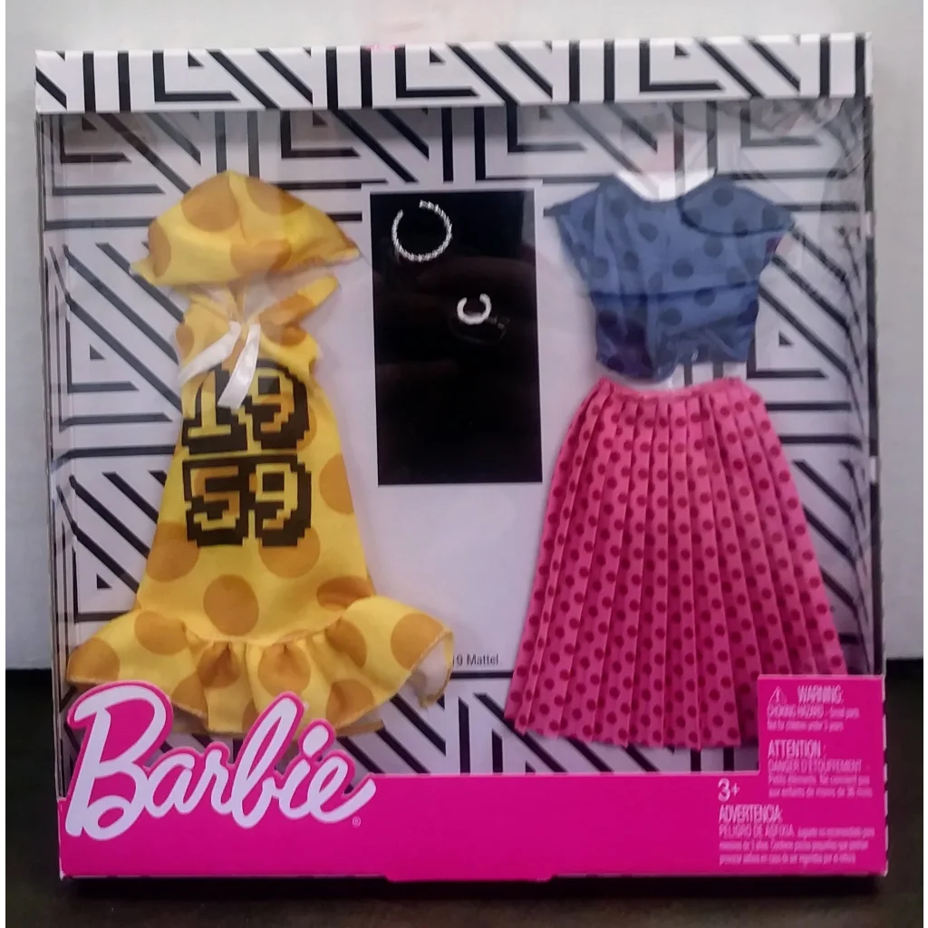 Barbie fashion set with yellow polka dot dress and blue pink skirts