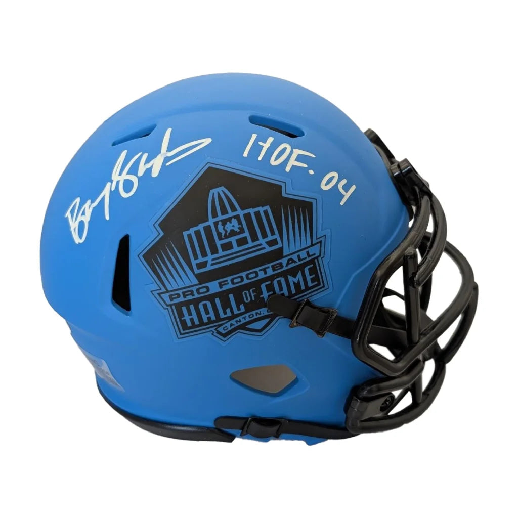Barry Sanders signed Fame Rave mini helmet with HOF logo