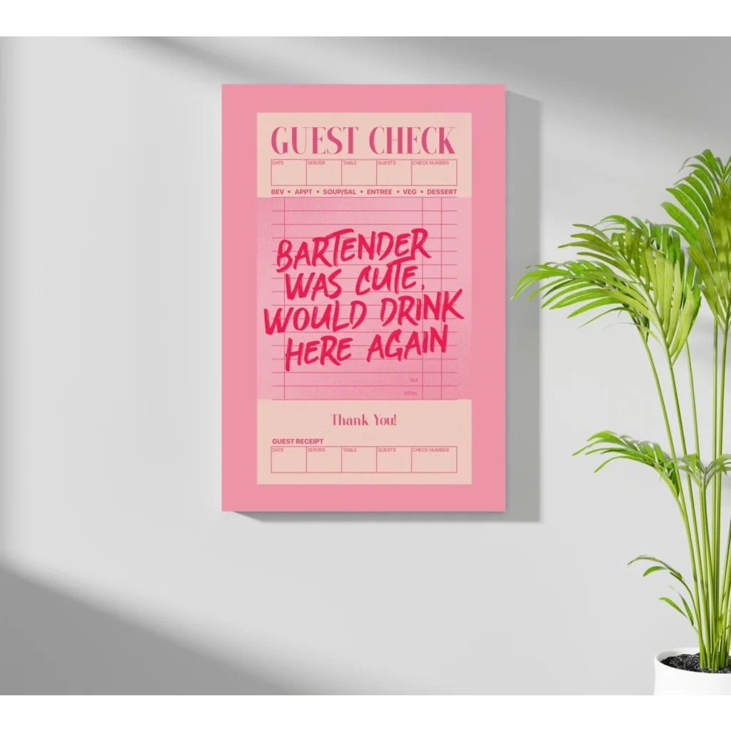 Pink guest check book with cute bartender note on aluminum print
