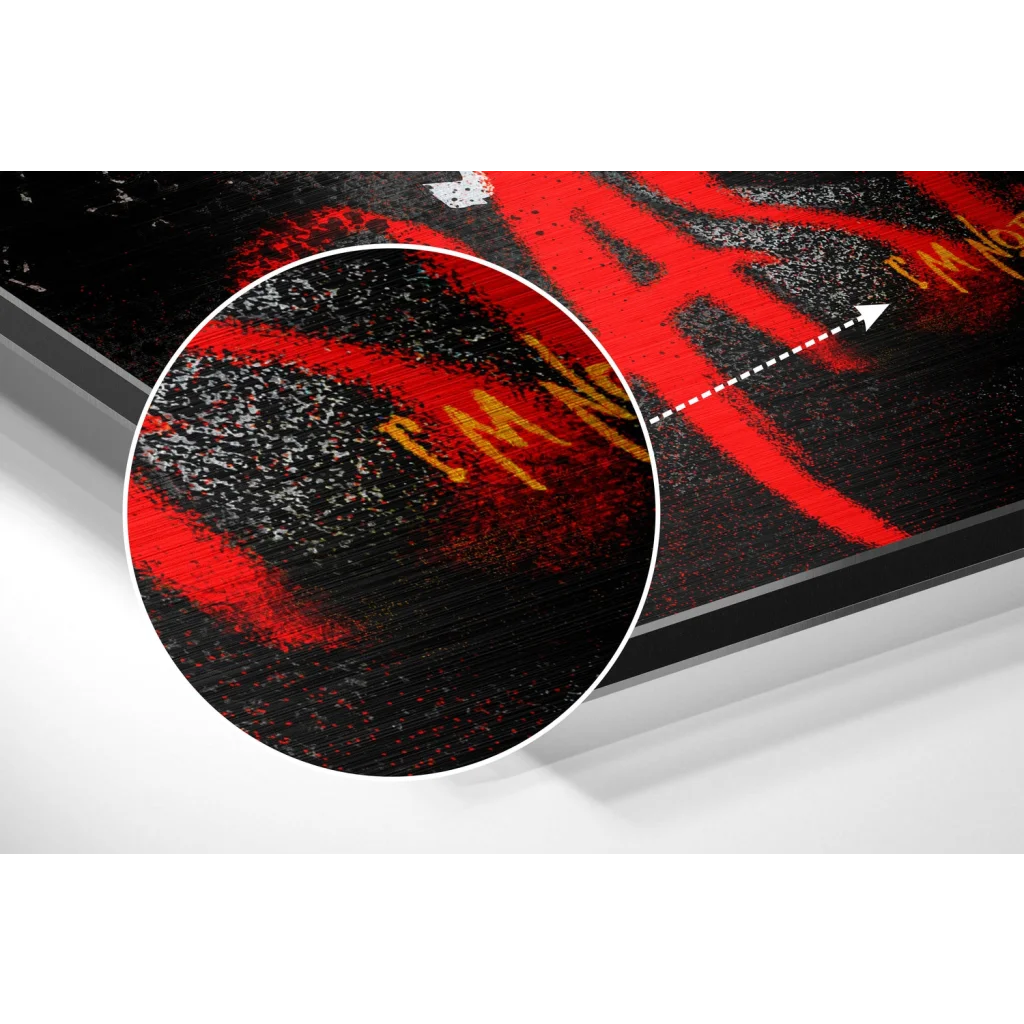 Black and red Basquiat graffiti art on brushed aluminium dibond print