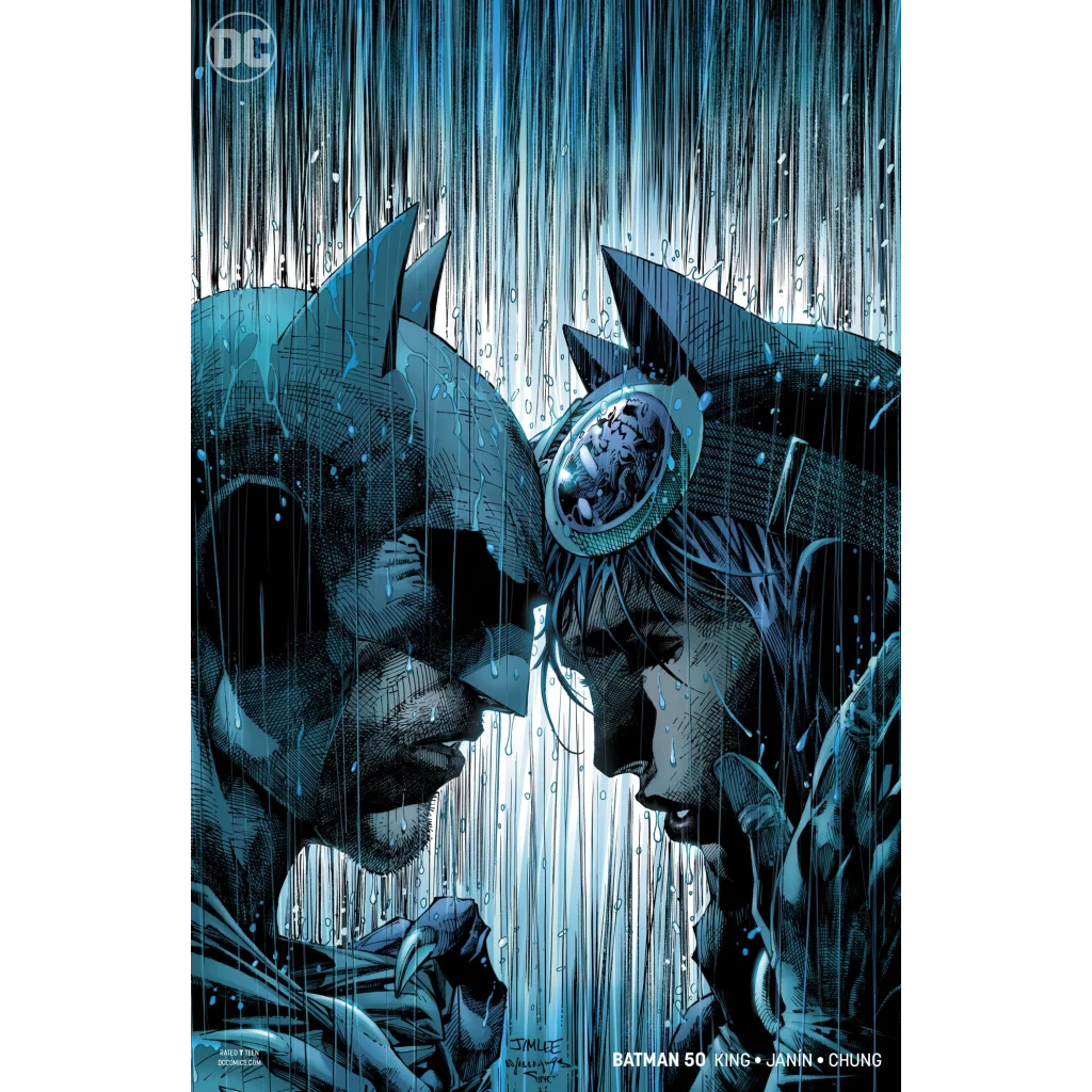Batman and Catwoman comic cover in the rain, Jim Lee variant, Tom King epic event