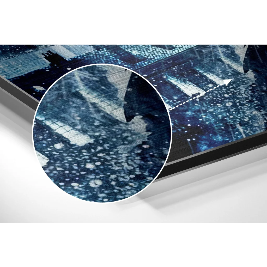 Sleek black-framed brushed aluminium dibond print of blue Gotham Cityscape with glowing lights and rain