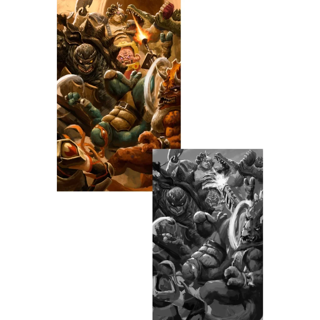 Chaotic D&D-style battle nexus with ninja turtles and monstrous creatures