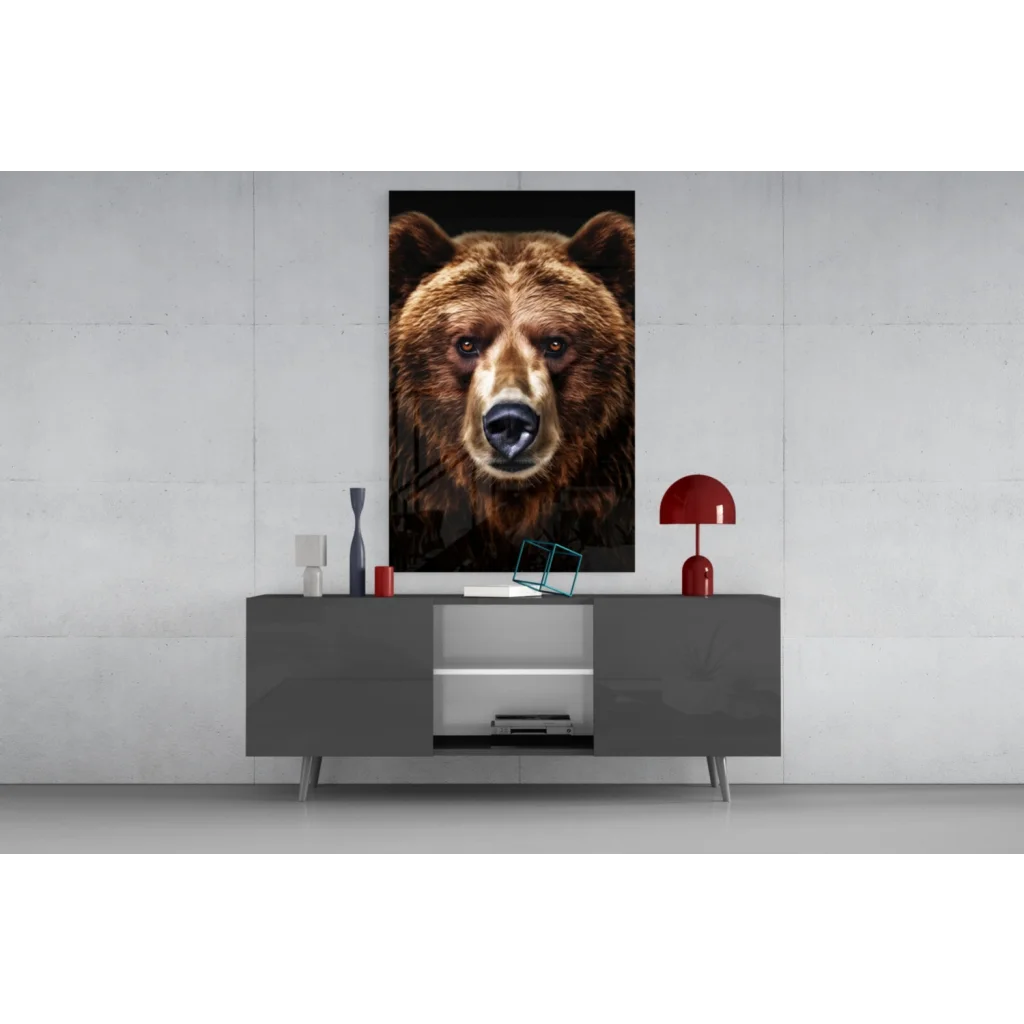 Majestic brown bear glass wall art portrait with intense eyes