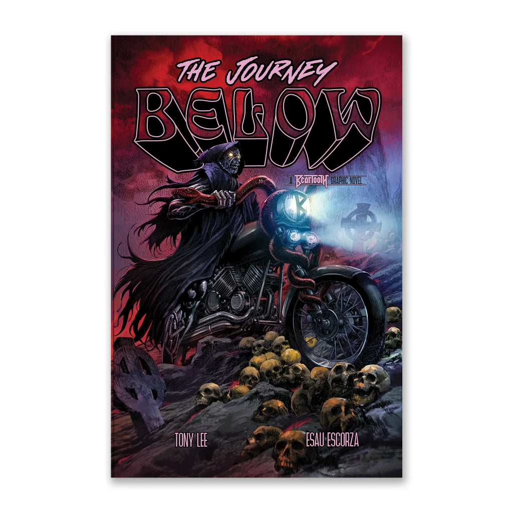Beartooth Below Graphic Novel by Tony Lee with grim reaper on motorcycle amidst skulls