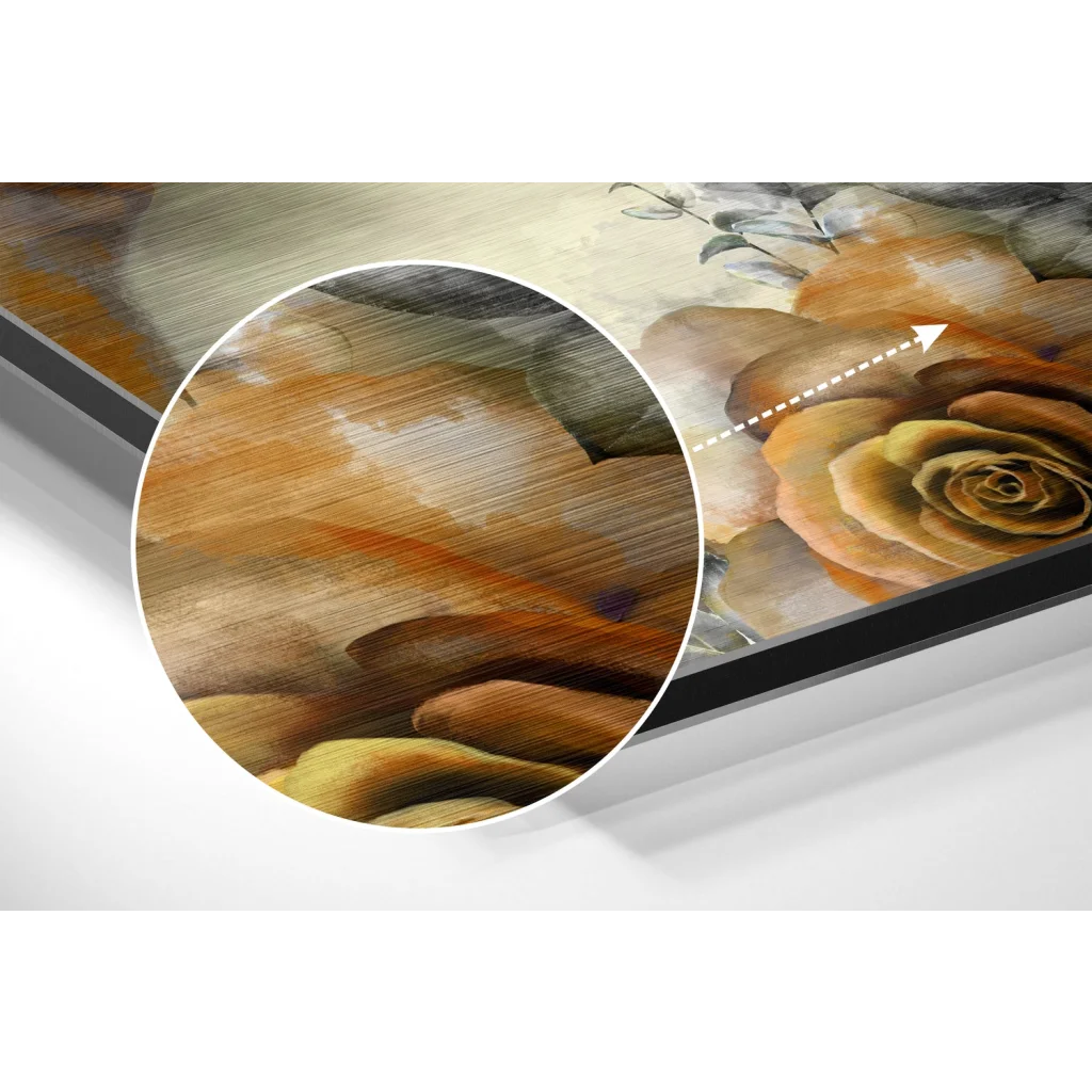 Golden amber roses on brushed aluminium dibond canvas print