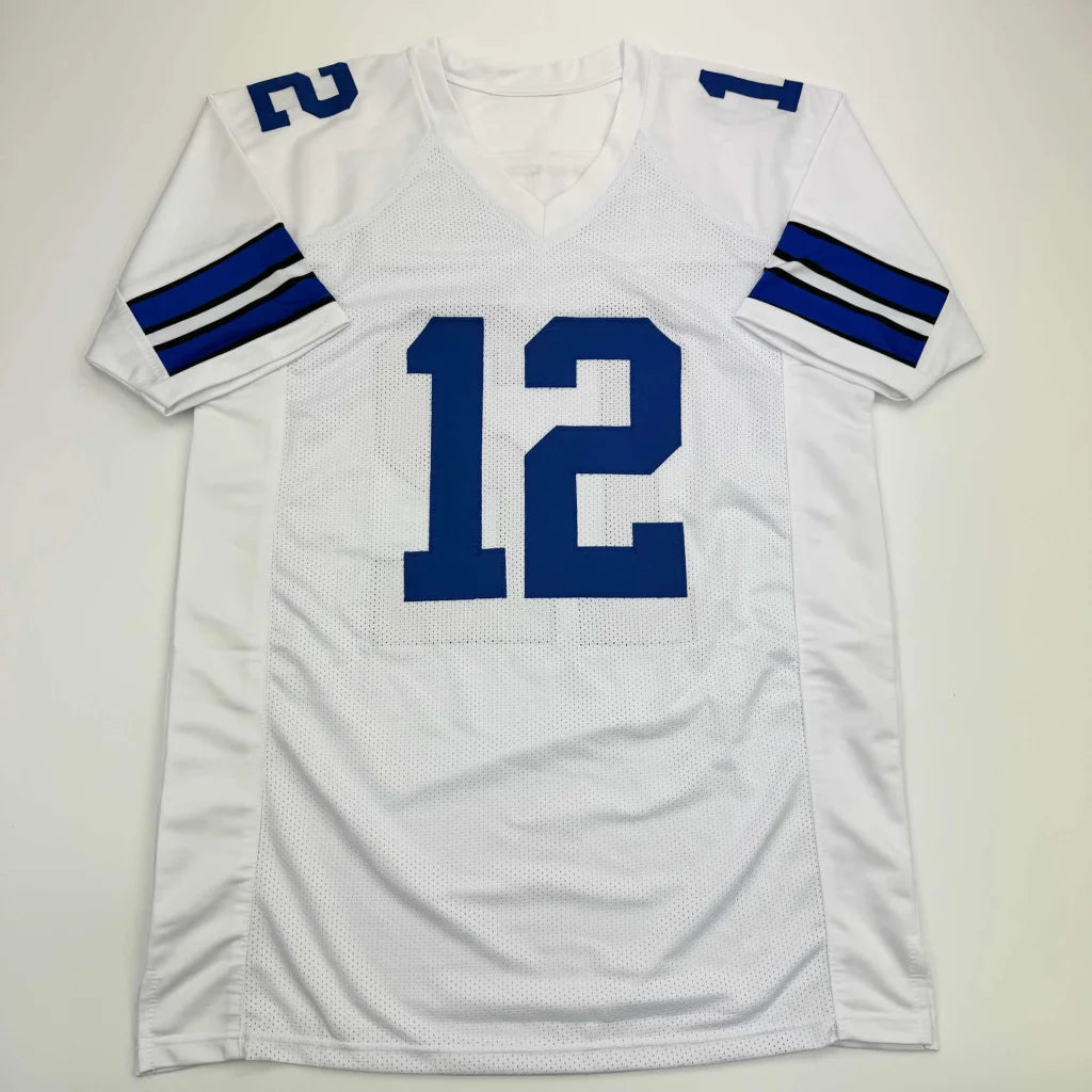 White mesh custom jersey with blue number 12 and stripes, perfect for professional sports fans