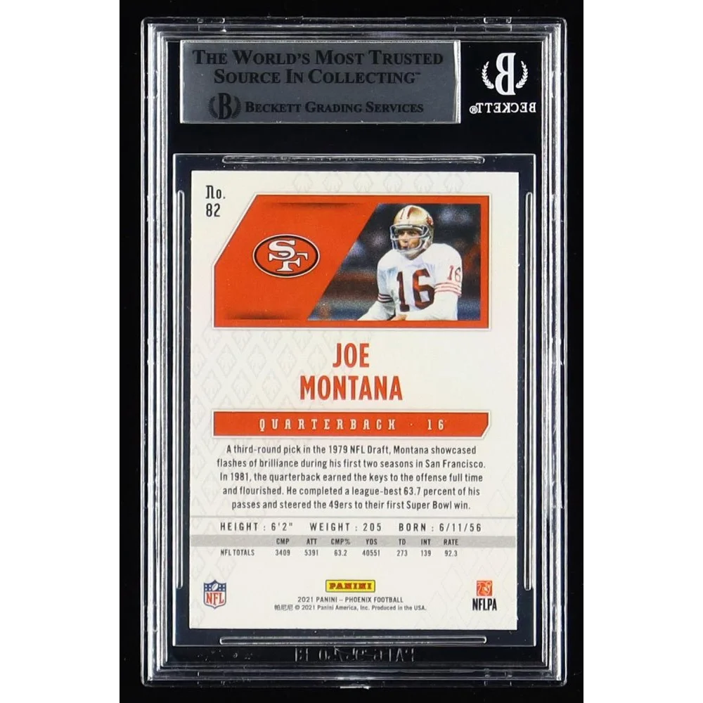 Joe Montana graded football card in Beckett Encapsulated Fire Burst BGS
