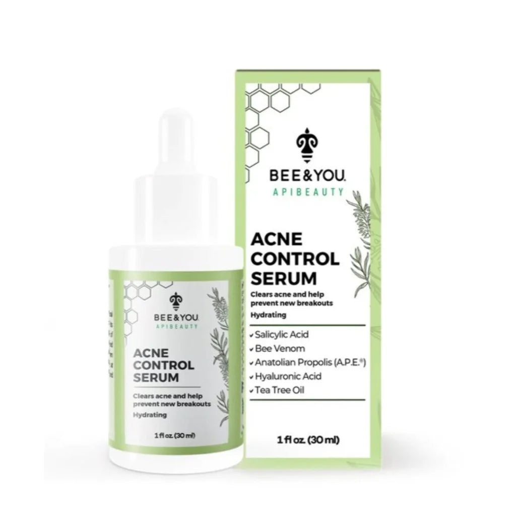 Bee & YOU 1 oz acne control serum in white bottle with green label