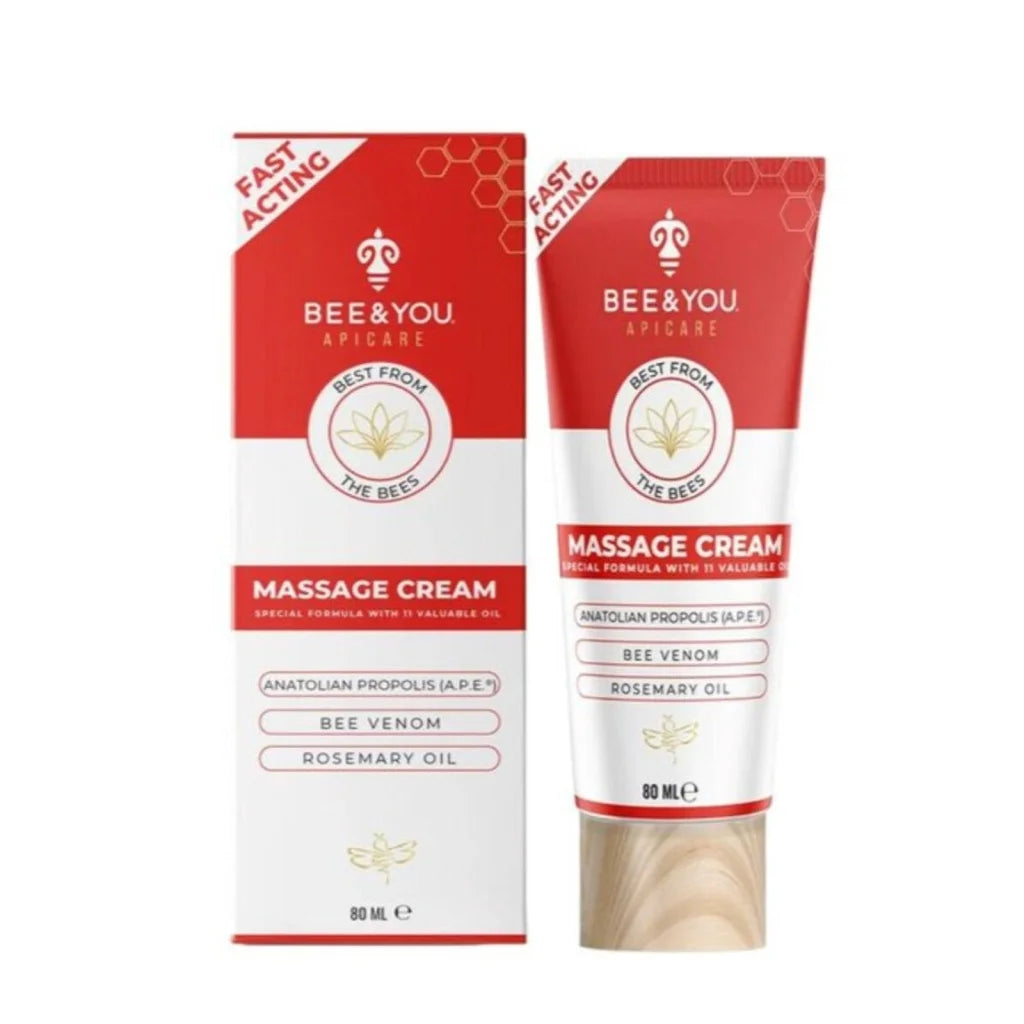 Bee and You massage cream tube with bee venom, herbal oils, red-white design, wooden cap