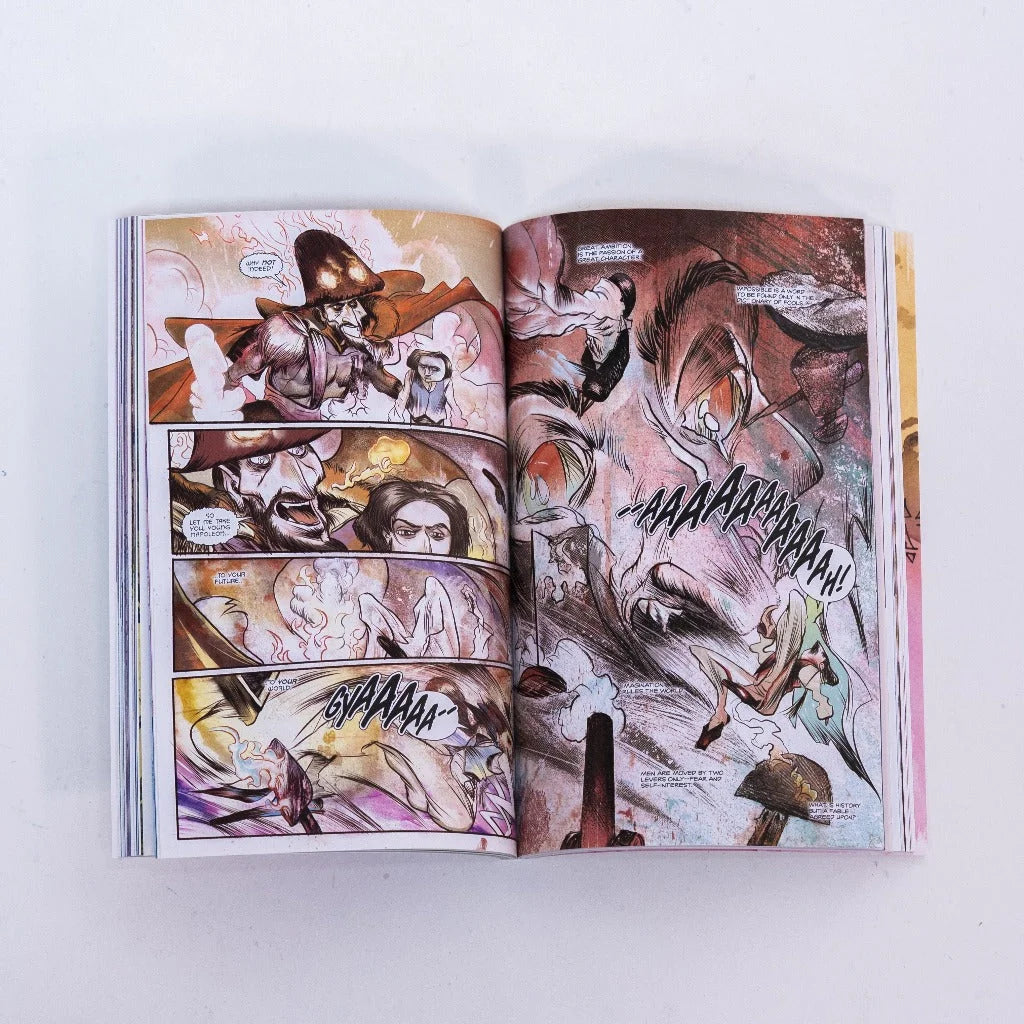 Open comic book with vibrant detailed illustrations from Beethoven’s 250th Birthday Comic Anthology Unleashed