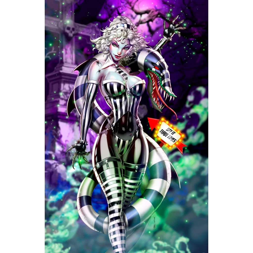 Beetlejuice NYCC metal exclusive: stylized female in striped bodysuit holding snake creature