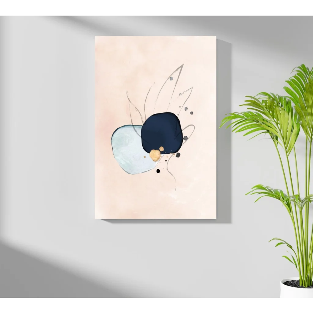 Navy and light blue abstract art print on beige canvas tote bag