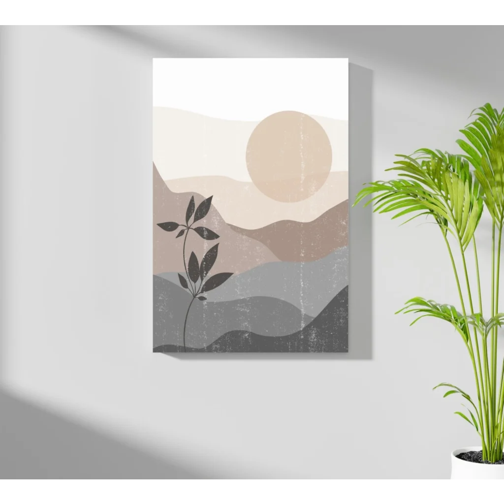 Insigne aluminum prints: minimalist mountain landscape with earthy tones and black plant silhouette