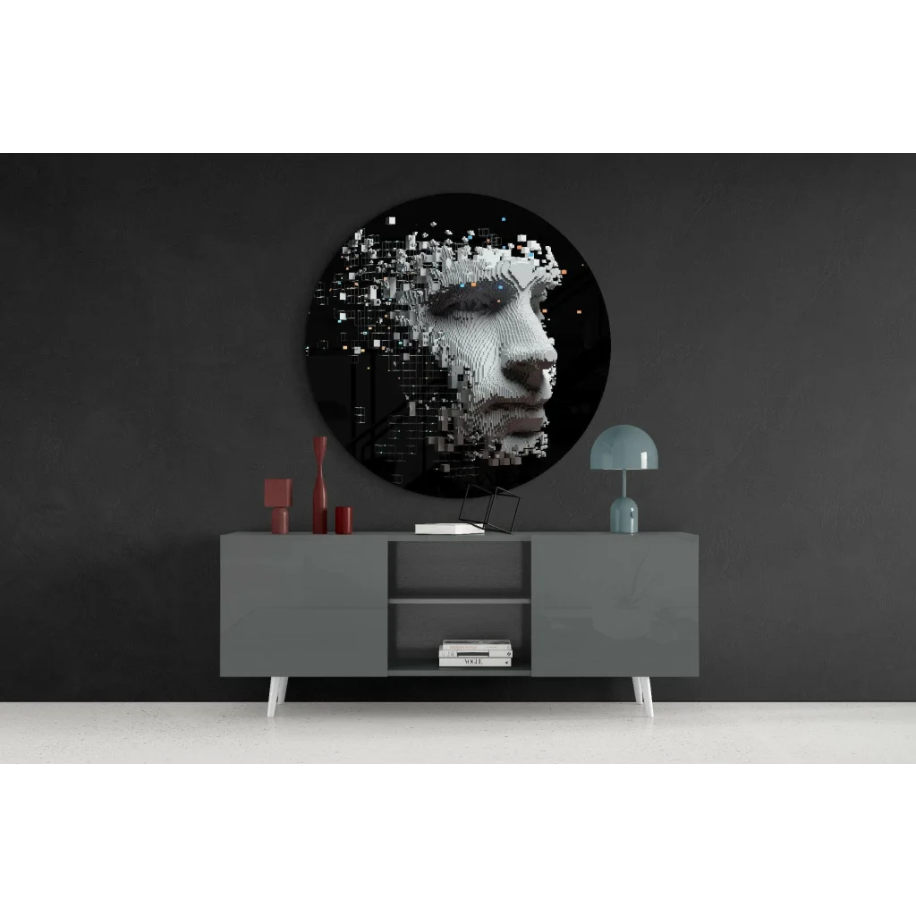 Pixelated Face Tempered Glass Art with Glowing Cubes | Contemporary Home Wall Art | vintageantiquesgifts.com