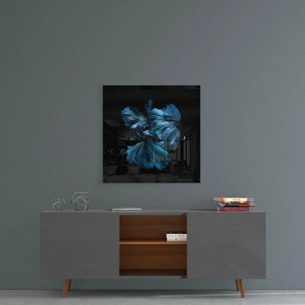 Stunning blue betta fish glass wall art on dark gray wall