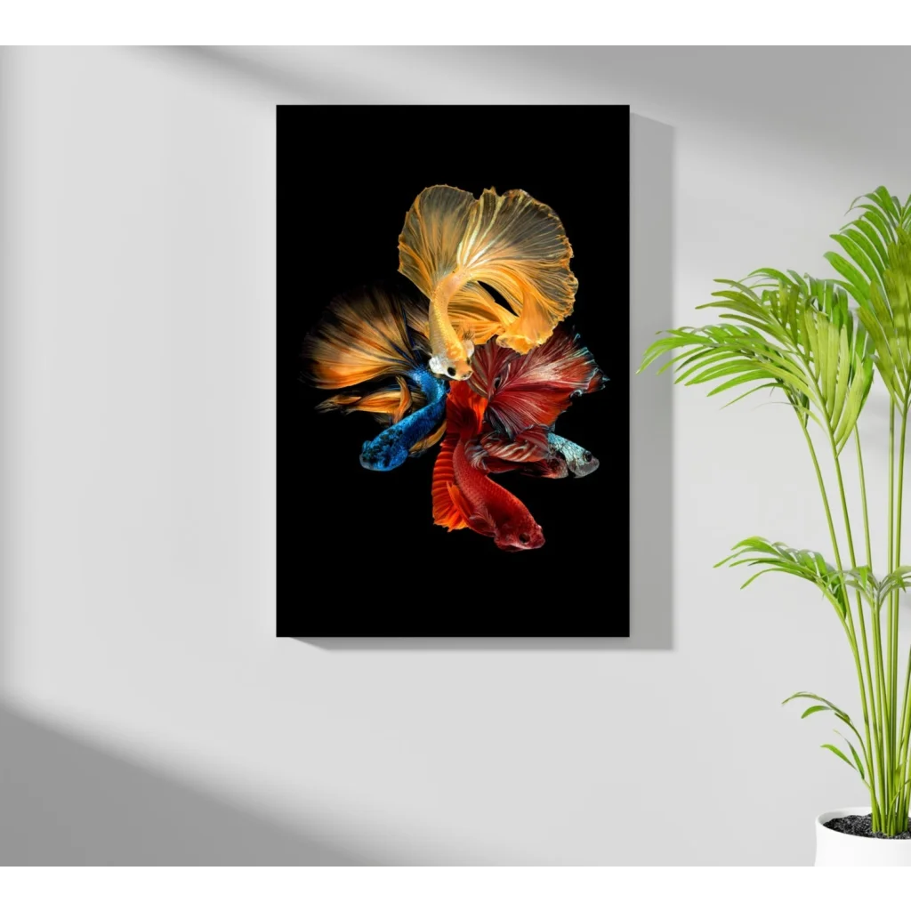 Vibrant multi-colored betta fish artwork on insigne aluminum print