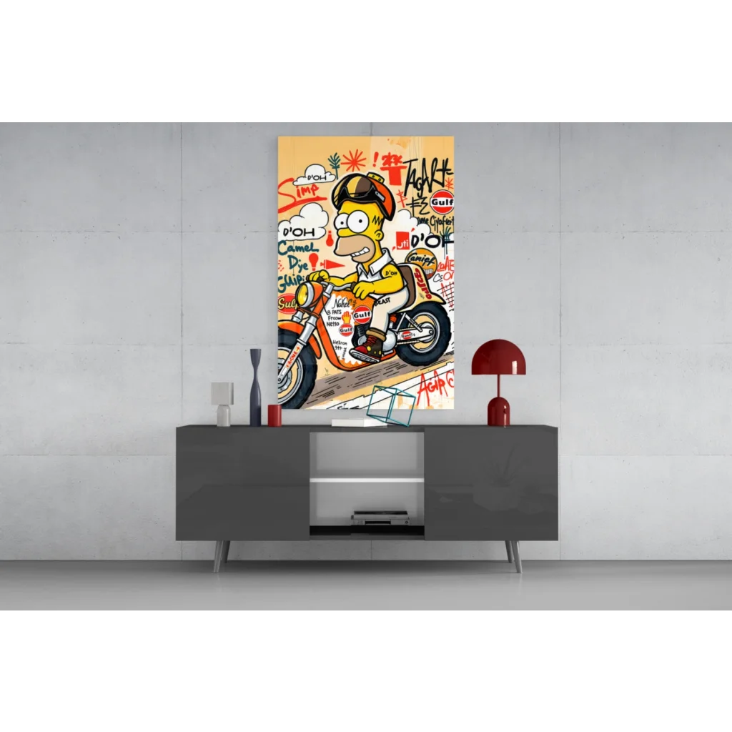 Homer Simpson on motorcycle in vibrant yellow graffiti glass wall art