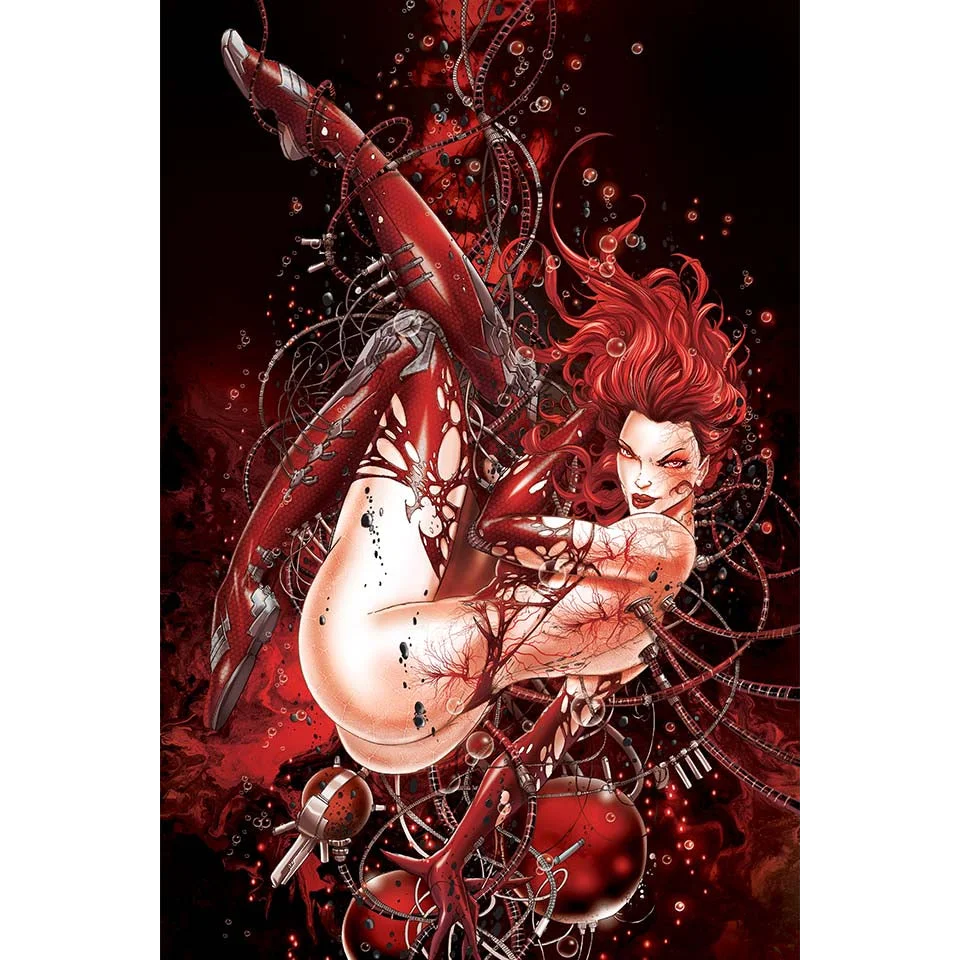 Red biomechanical cyborg woman with flowing hair and metallic limbs
