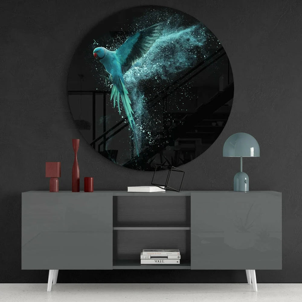 Stunning Teal Parrot Tempered Glass Art in Flight | Contemporary Home Wall Art | vintageantiquesgifts.com
