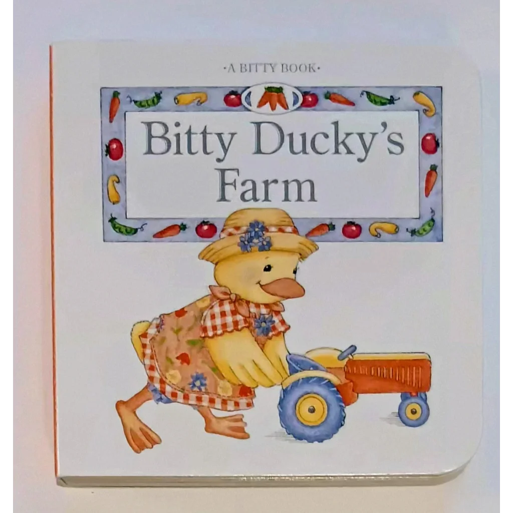 Bitty Baby board book cover: ducky in checkered dress drives orange tractor