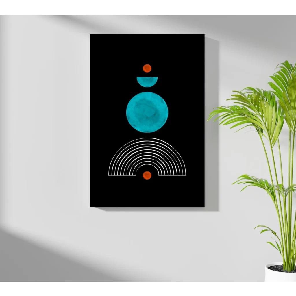 Black abstract art print with teal orange geometric circles and red dot
