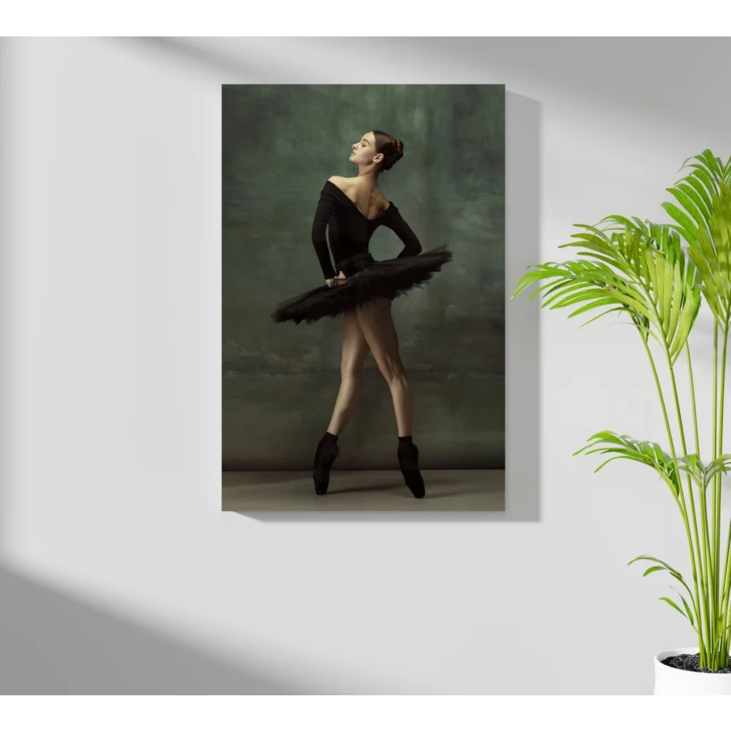 Graceful black ballerina in feathered tutu on canvas print