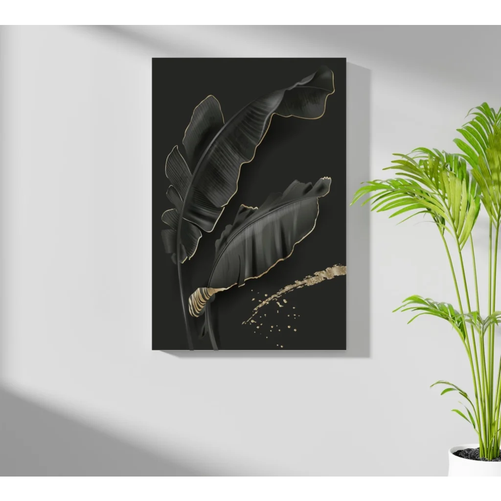 Stylized black banana leaves with gold accents on Insigne aluminum print