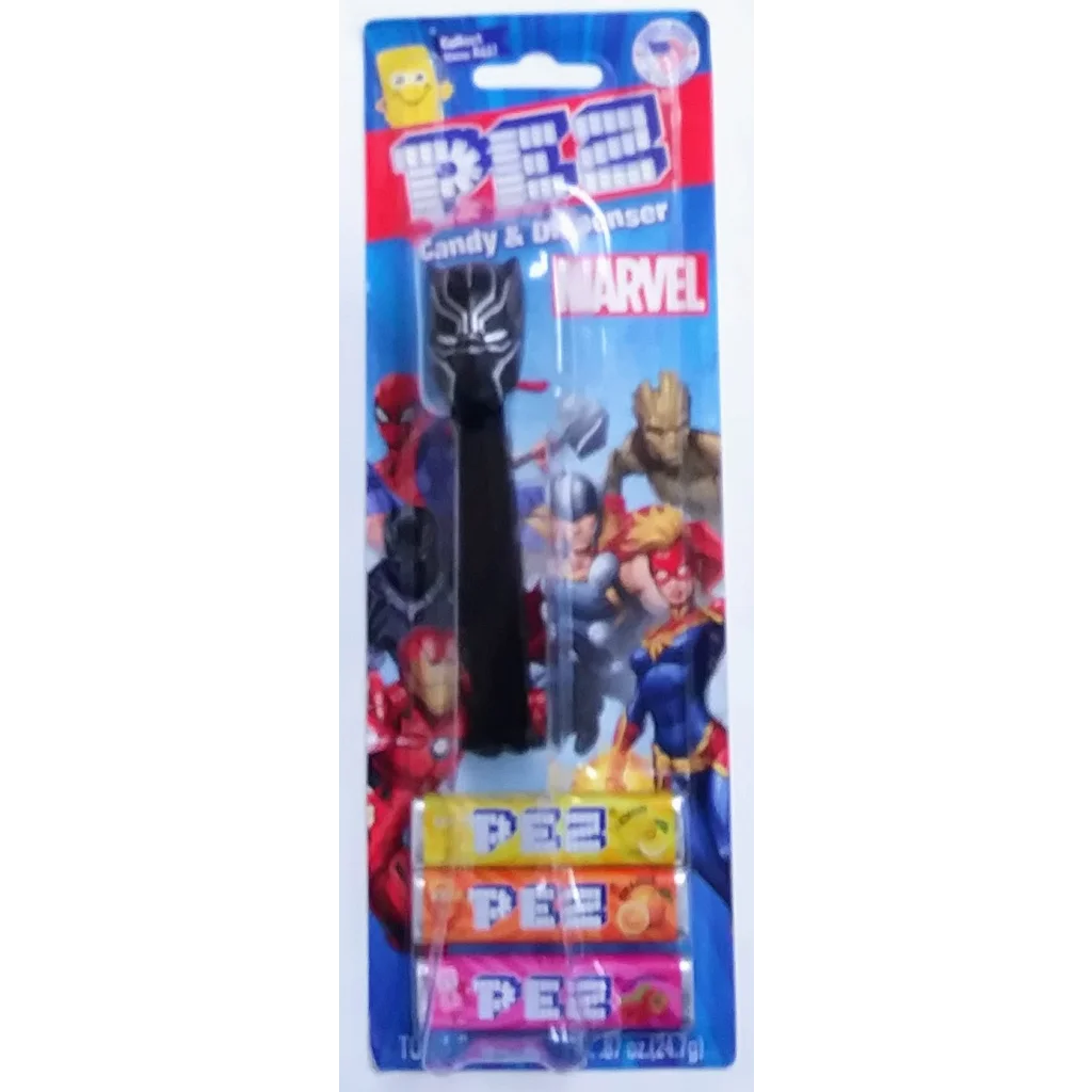 Black Panther Marvel Pez dispenser with black body and colorful designs