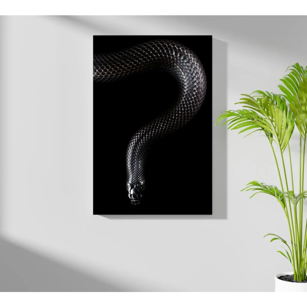 Glossy black snake on Insigne aluminum print with textured scales